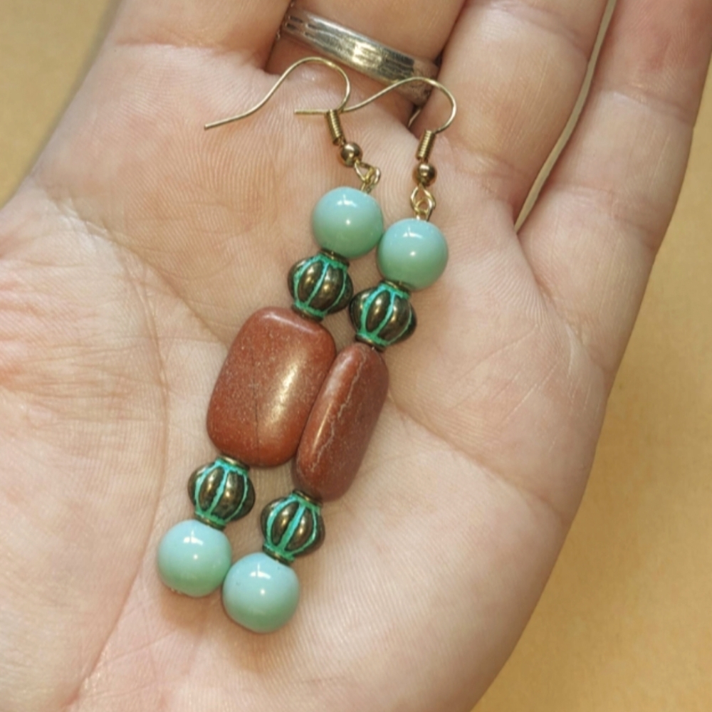Jade, Green Patina Metal, and Brown Ceramic Earrings